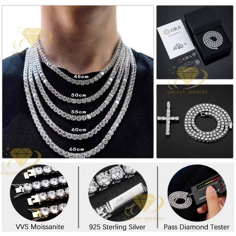 Fashion Jewelry Tennis Necklace 925 Silver Round Brilliant Cut 4mm Iced Out VVS Moissanite Diamond Tennis Chain Hip Hop Men