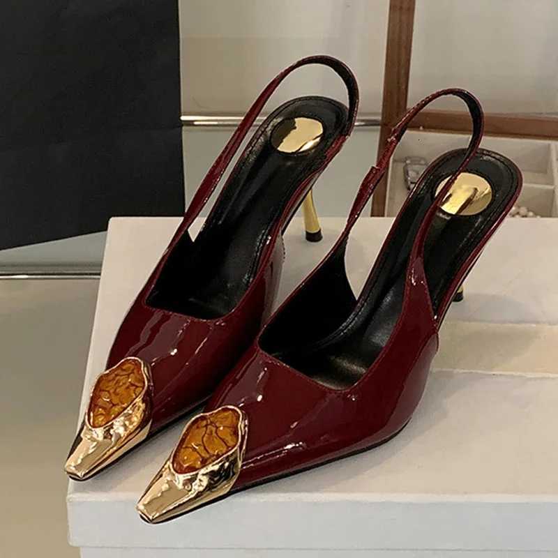 Designer Fion Design Inlay Gems Pointed Toe Patent Leather Sexy Slingback Sandals Wen Pumps High H Wedding Banquet Shoes Y251115