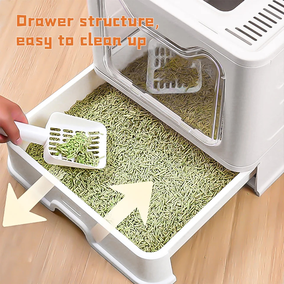 Foldable Cat Litter Box Top Entry Enclosed Anti-Splashing Cat Toilet with Scoop Cleaning Brush 250414