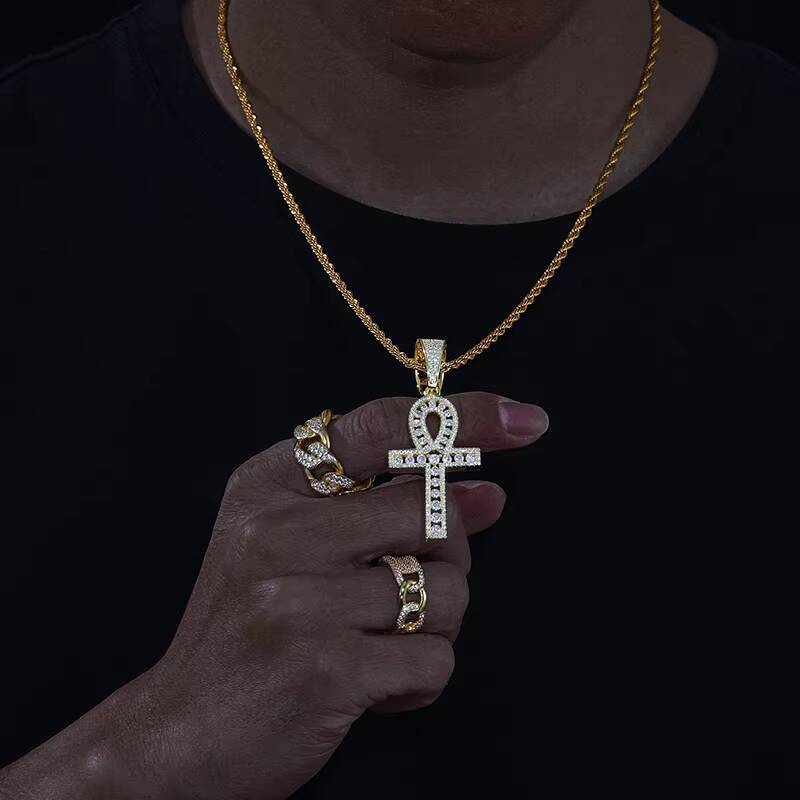 Dropshipping Religious Jewelry Bling 925 Sterling Silver VVS Moissanite Diamond Iced Out Ankh Cross Pendant With GRA Certificate