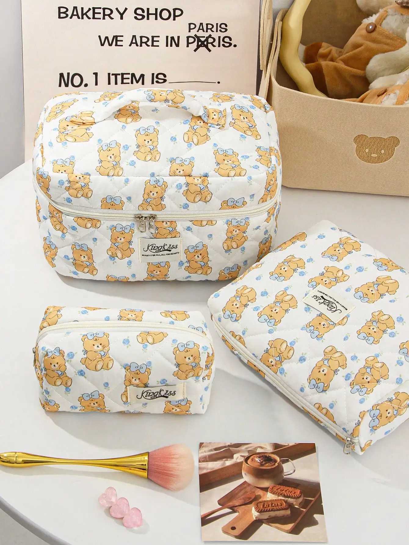 1 piece/set of cute blue flower and bow bear pattern printed large capacity cosmetic storage bag organizer gift for friends and teachersXJ250415