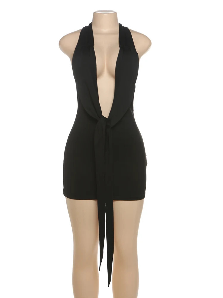Weird Puss Sexy Halter Dress Women Backless Deep V-Neck Tight Bandage Summer Midnight tie Sexy Clubwear Trend Hipster Bodycon 250415