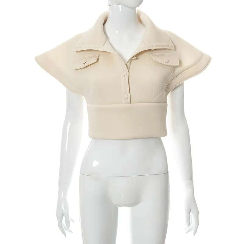 Cropped Puffer Jacket Women 2025 Autumn Fashion Steetwear Outerwear Shoulder Pad Button Up Collar Sleeveless Vest Coat Outfits