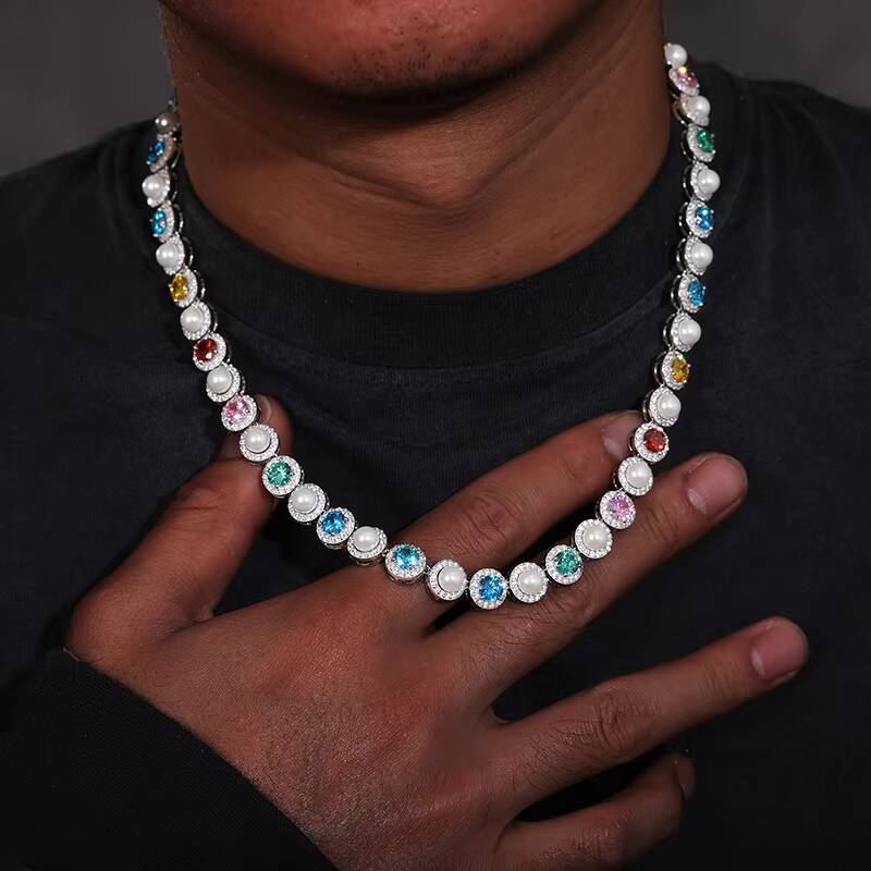 Exquisite Trendy White Gold Plated 925 Pure Silver Freshwater Pearl Necklace Round Colorful Zirconia Hola Tennis Necklace