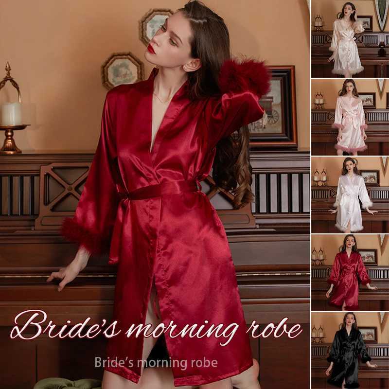Women Feather Robe With Fur Sleepwear Bride Morning Satin Robes Nightgown Dress Elegant Wedding Bridesmaid Robe Gown Bathrobe C251115