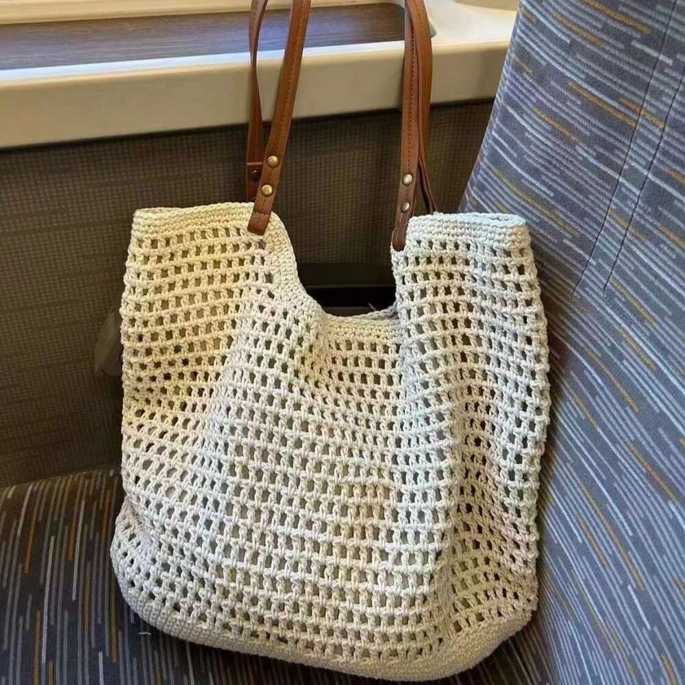 Handmade Beach Bag Leisure High-Capacity Single Shoulder Cotton Woven New Hollow Mesh Tote Seaside Vacation Beach Bag, Women's Bag Kq2