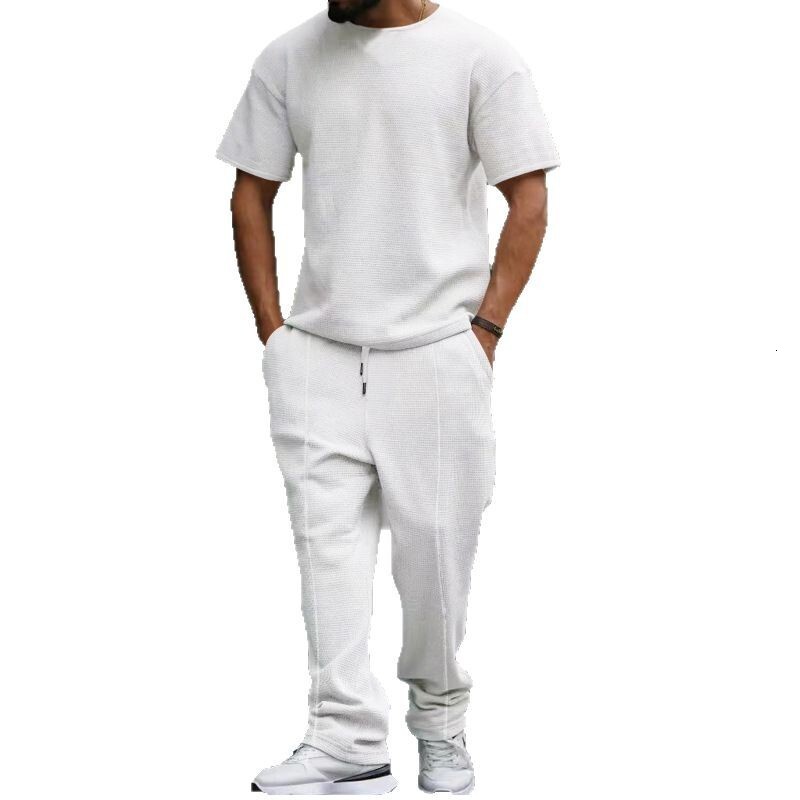 Men's short sleeved and long pants set, waffle oversized round neck casual set