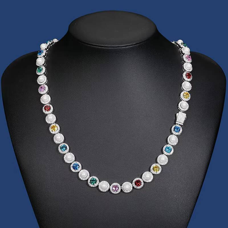 Exquisite Trendy White Gold Plated 925 Pure Silver Freshwater Pearl Necklace Round Colorful Zirconia Hola Tennis Necklace