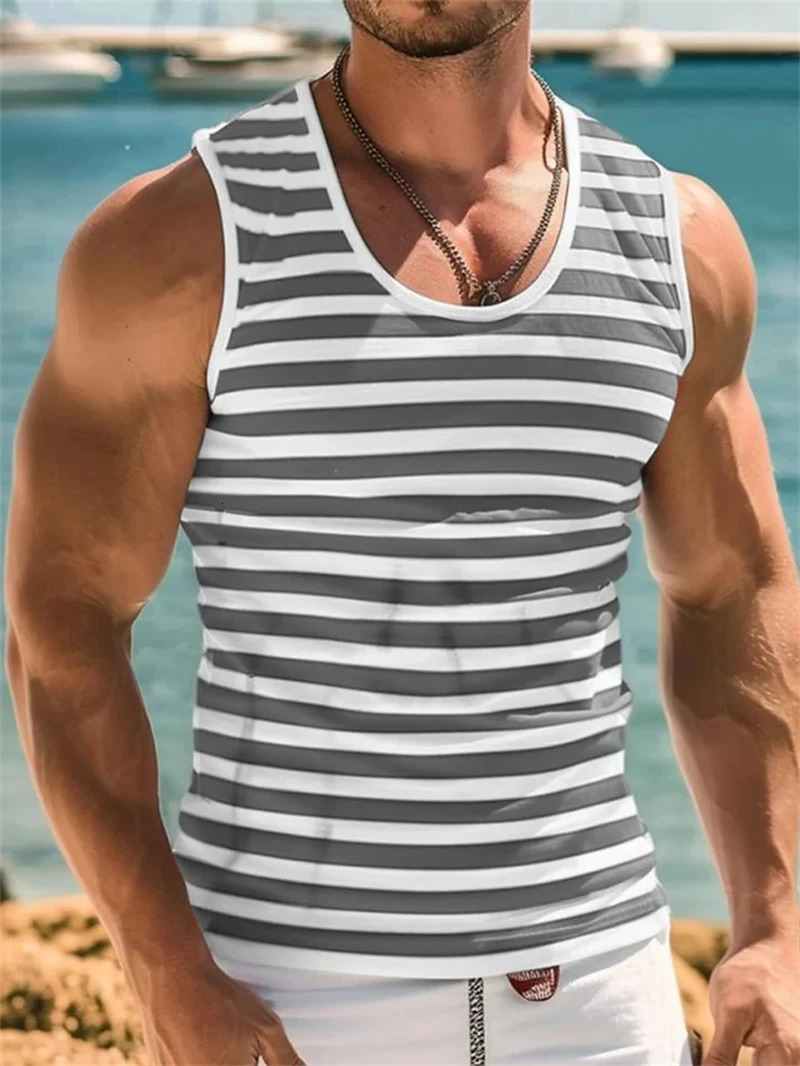 Mens Retro Stripe Graphic Tank Tops Fashion Summer Sleeveless Casual 3D Printed Vest Loose Quick Dry Breathable Tees Pullovers 250415