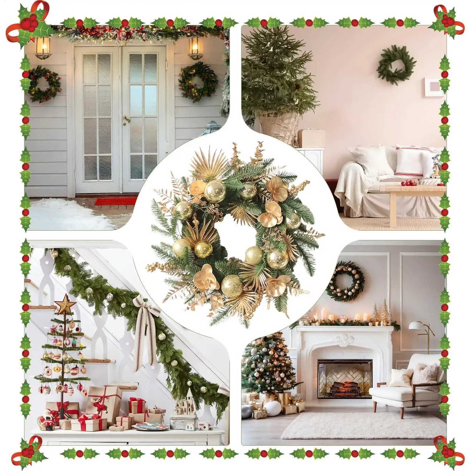 Christmas Wreath Outdoor Artificial Home Decor Golden Ball Pine Front Door Wreath For Wall Fireplace Bedroom Living Room OfficeM251115