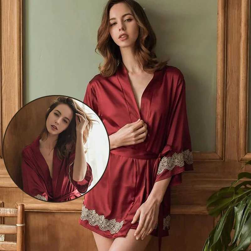Ladies Red Sexy Lace Embroidered Flower Satin Belt Robe Temptation Satin Red V-Neck Sexy Robe Women Sexy Pajamas C251115