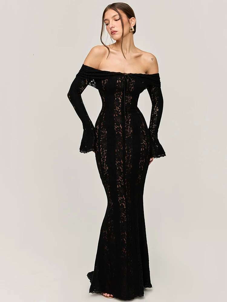 Mozision Lace Off-shoulder Sexy Maxi Women Strapless Backless Sleeve Bodycon Evening Club Party Long Dress Elegant