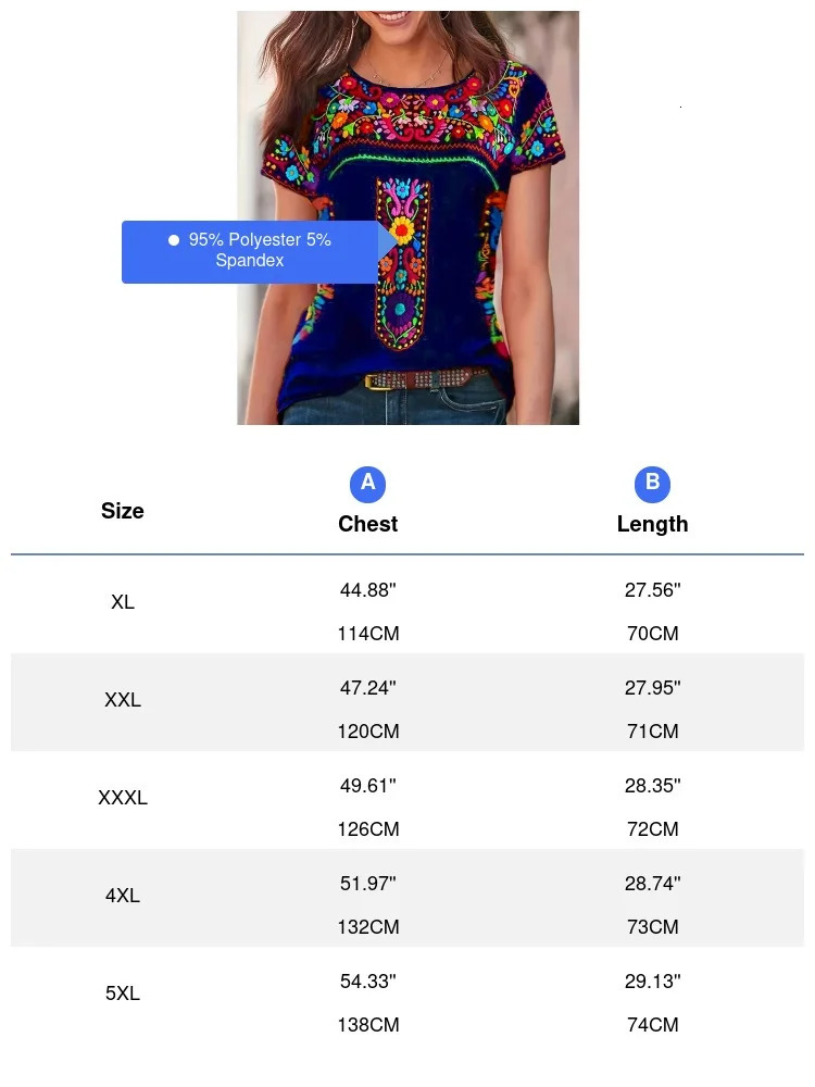 Plus Size Boho T-shirt Womens Plus Floral Print Short Sleeve Round Neck Slight Stretch T-shirt 250415