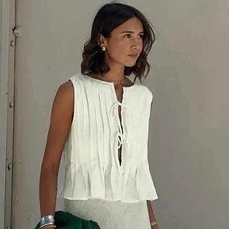 Solid Tank Women Summer Fashion Bandage O-Neck Casual Slim Tank Sexy Sleeveless Hollow Out Female Club Party Versatile Tank 250415