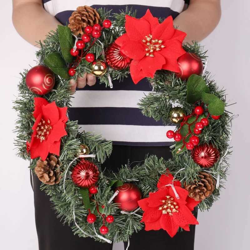 Christmas Wreath with LED Fairy Light Door Hanging Garland Pine for Home Decorations Xmas Party Supplies Happy New Year DecorM251115