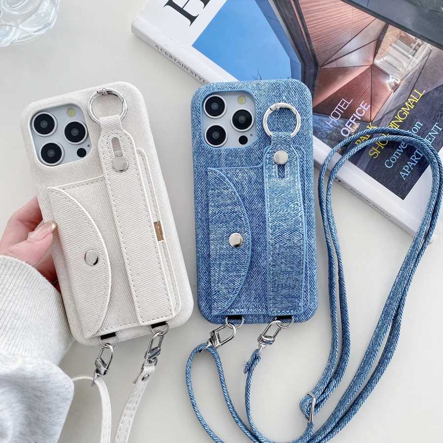 Jeans Print Design Card Pocket Phone Case for iPhone 17 Air 16 15 Plus 14 13 12 11 Pro Max X Xs Xr 8 Back Anti-knock Cover Strap J251202