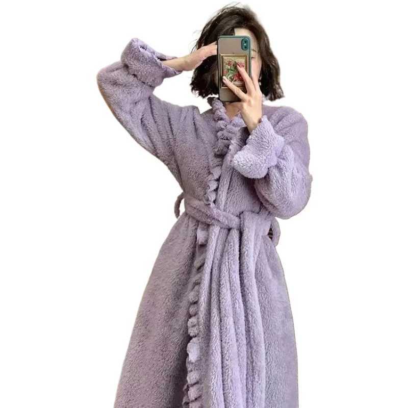 Belt Robe for Women Sleepwear Winter Nightdress Night Wears Warm Fleece Pajama One Piece Nightgown Hooded Sleeping Homewear New C251115