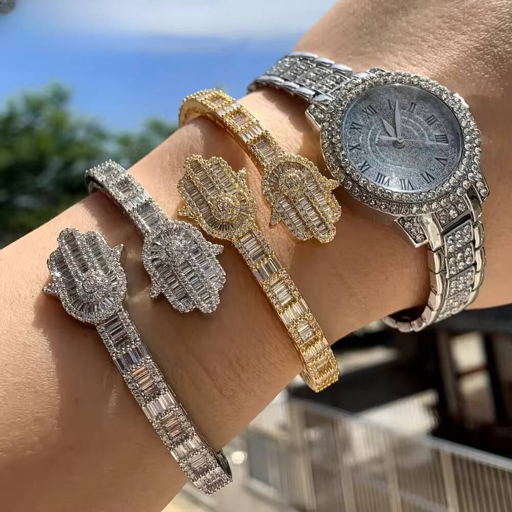 New Iced Out Bling Micro Pave 5A CZ Zircon Baguette Diamond Hamsa Hand Openning Bangle for Men Women Hip Hop Luxury Jewelry