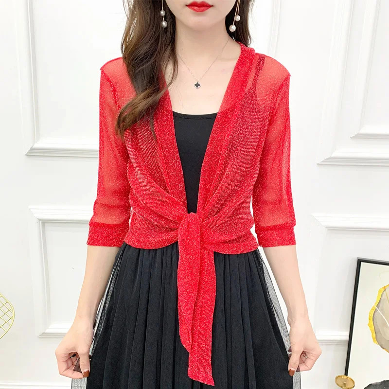 #5307 Summer Sunscreen Coat Women Sexy Thin Outerwear Womens Cardigan Kimono Jacket Female Mesh Shinny See Through Coat Ladies 250415