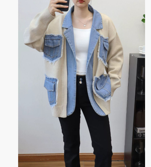 Women's Jackets 2023 Autumn Winter Women Splicing Denim Jacket Long Sleeve Jean Female Loose Sweater Cardigan 231109