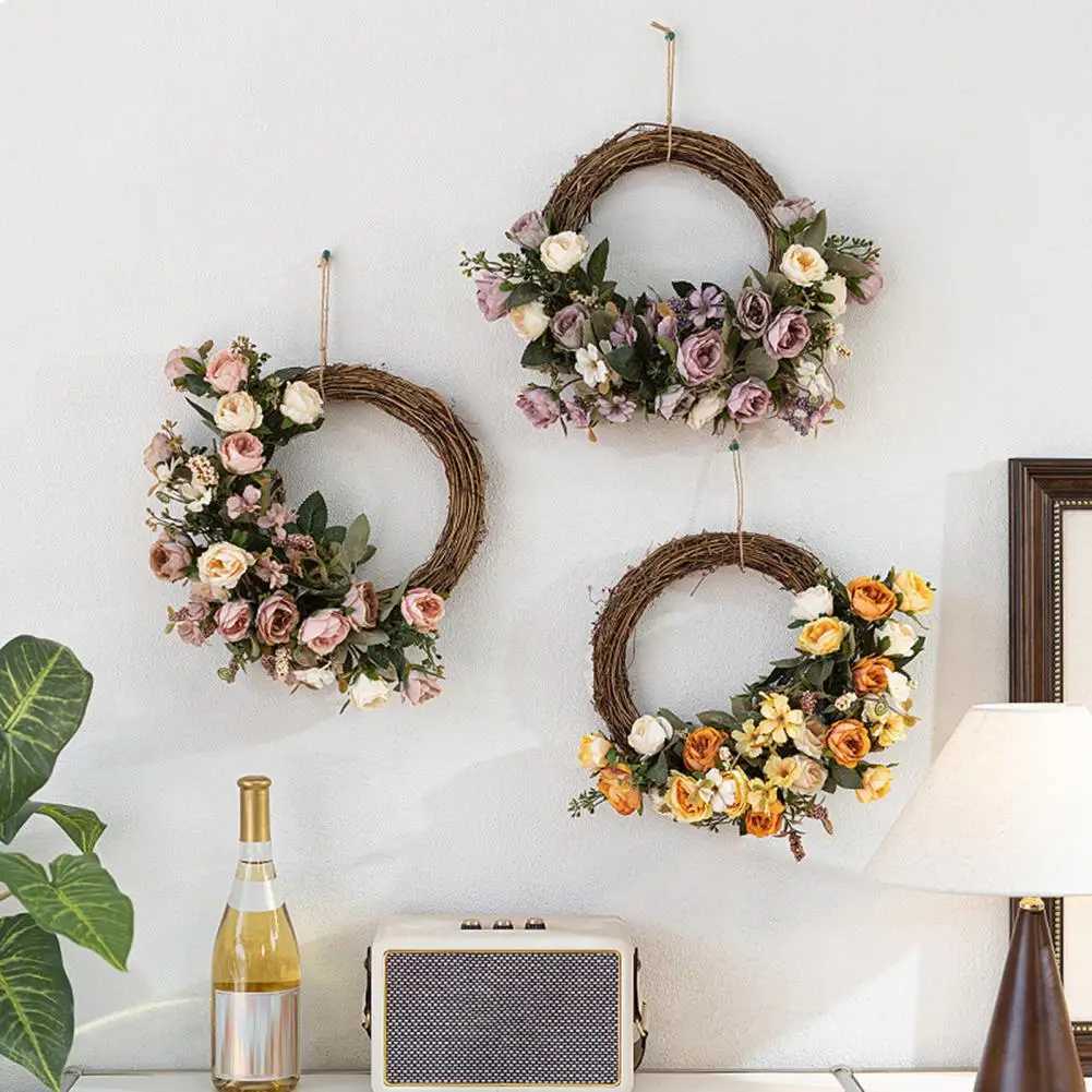 Artificial Flower Rattan Wreath for Front Door Handmade Floral Twig Garland for Weddings Birthday Party Wall Hanging DecorM251115