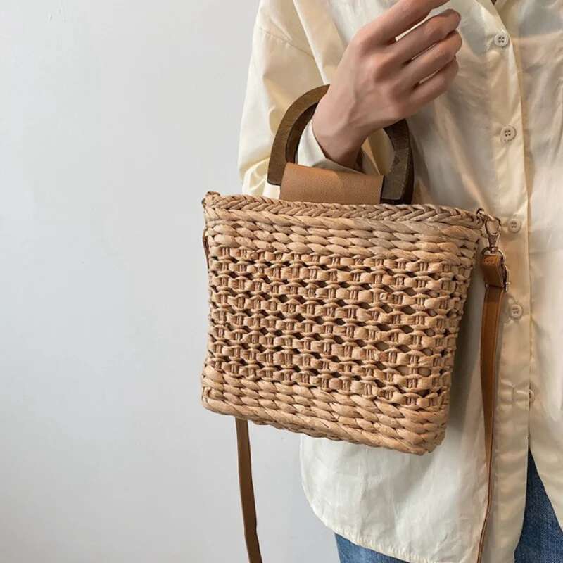 Hand-Held Wooden Handle Woven Bag Summer Cool New Light Brand Fashion Beach Leisure Travel Crossbody Handbag Shoulderbag