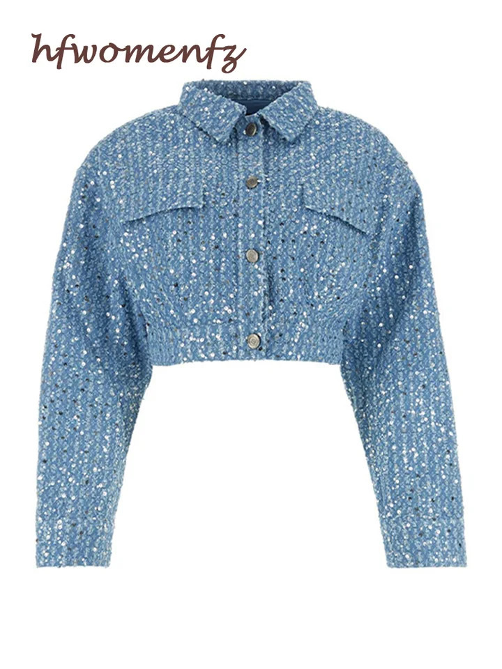 Womens denim sequin shorts set 2-piece long sleeved lapel jacket ultra-thin shorts set for womens spring set 250409