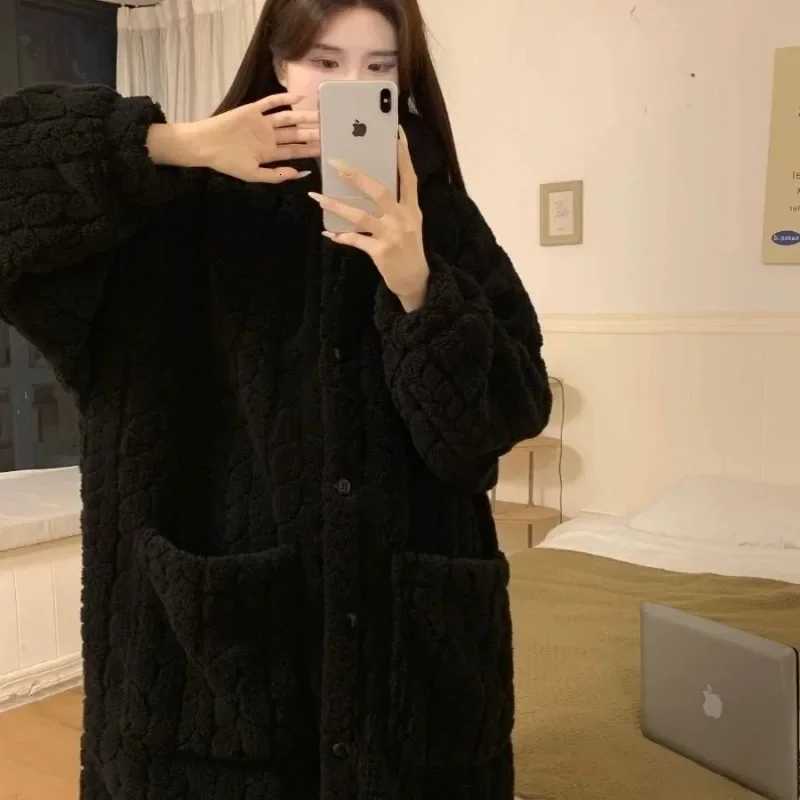 Black Robe for Women Sleepwear Winter Nightdress Night Wears Warm Fleece Pajama One Piece Nightgown Hooded Sleeping Homewear C251115