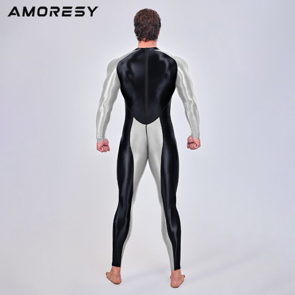 Men's Shiny AMORESY Glossy Bodysuit Jupsuits Fiess Overalls Sportswear Tights