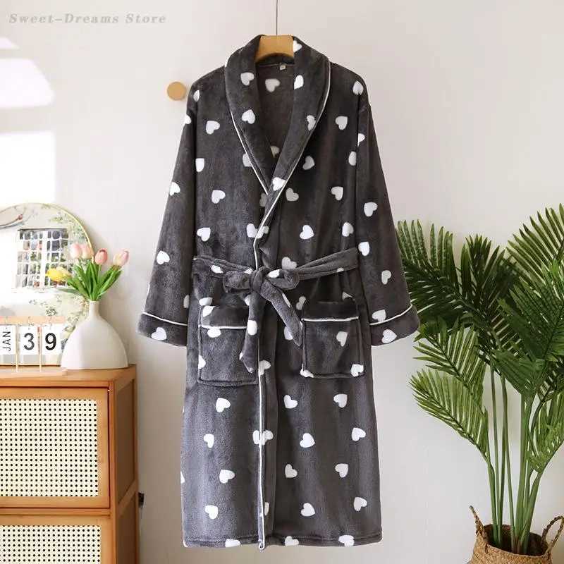 Autumn Winter Female Robe Thicken Flannel Bathrobe Kimono Sleepwear with Pocket Cute Print Sweet Heart Home Dress Lounge Wear C251115
