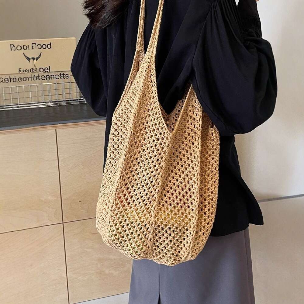 Handmade Beach Bag Leisure High Capacity Cotton New Hollow Grass Woven Lazy Style Shoulder Vacation Beach Bag, Women Bag Kq2