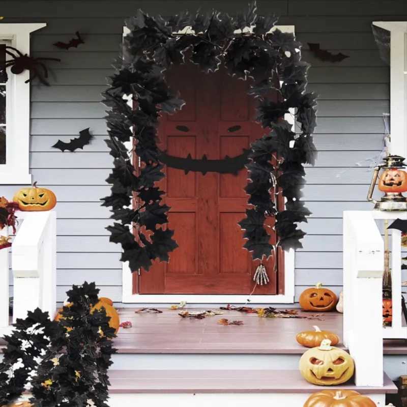 18M Hallow Artificial Black Rattan Maple Leaf Vine Halloween Wall Hanging Maple Leaf Vines Leaf Rose Indoor Garland Fake FlowerM251115