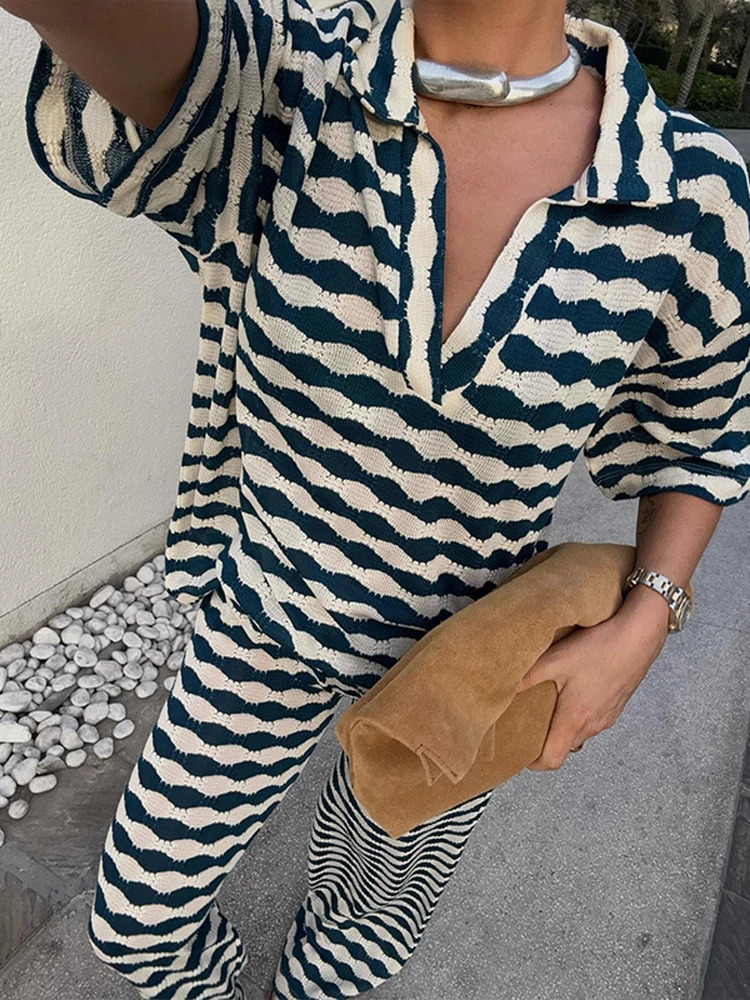 Striped pants womens set casual collar short sleeved T-shirt set loose waist wide leg pants womens set summer womens streetwear 250415