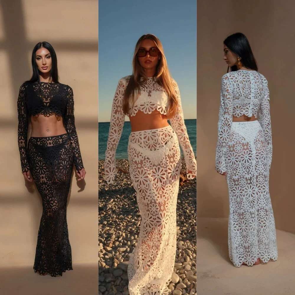 Hollow Out See Through Tank Top Skirts Suits Women Long Sleeve Wave Cut Lace Tops Hip Package Skirt Suit Female 2024 Lady Set