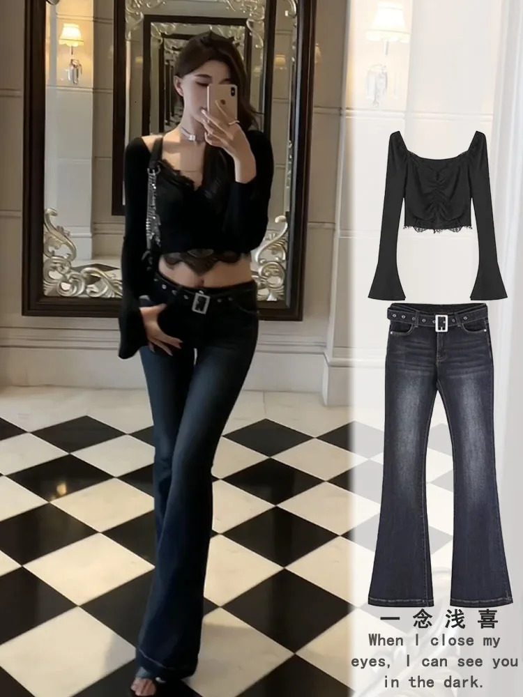 American retro tight jeans autumn ultrathin weight loss low waist pants straight smoke tube bell bottoms fashionable 250407