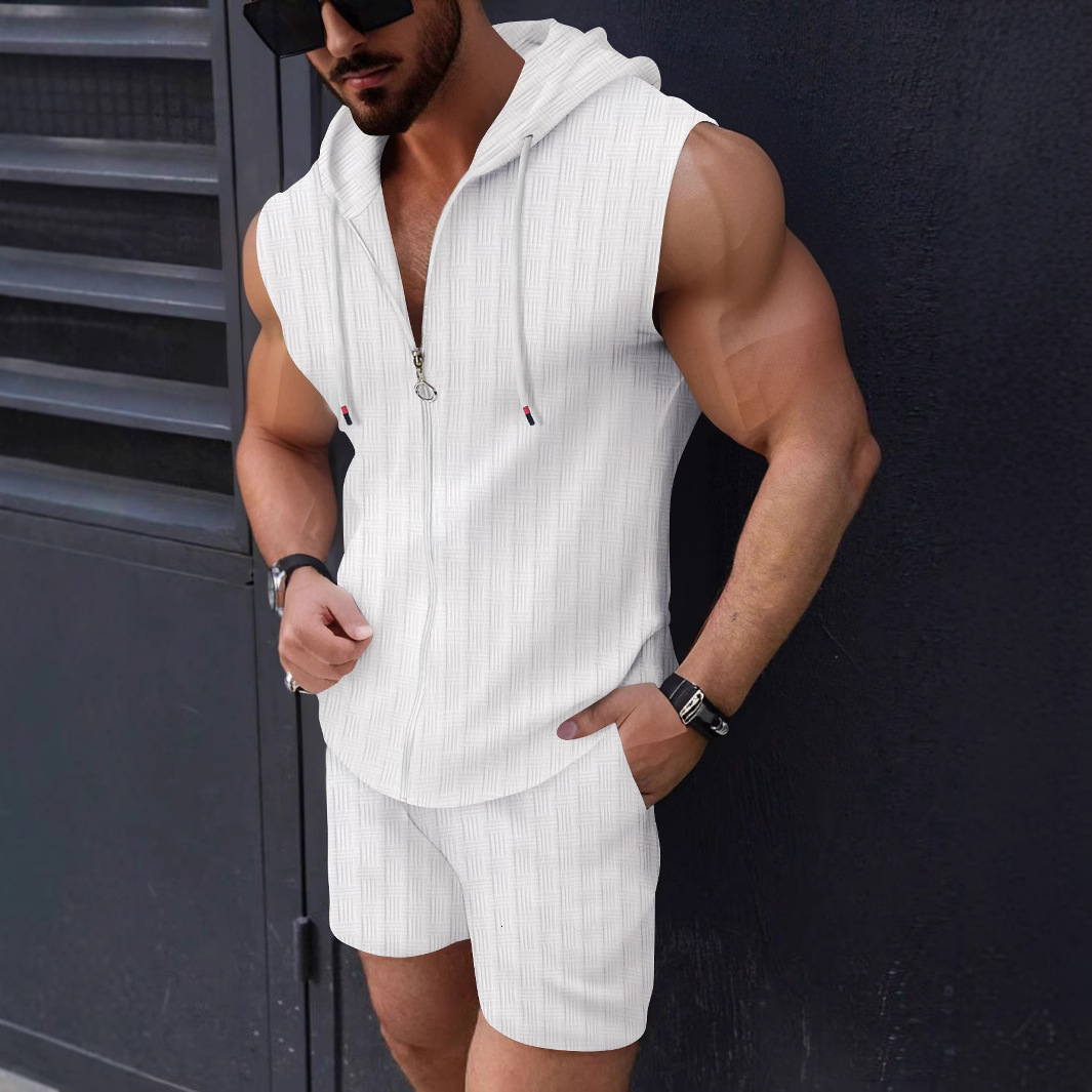 2025 Summer Fashion Muscle Mens Sleeveless Shirt Casual Breathable Loose Sleeveless Shorts Beach Set