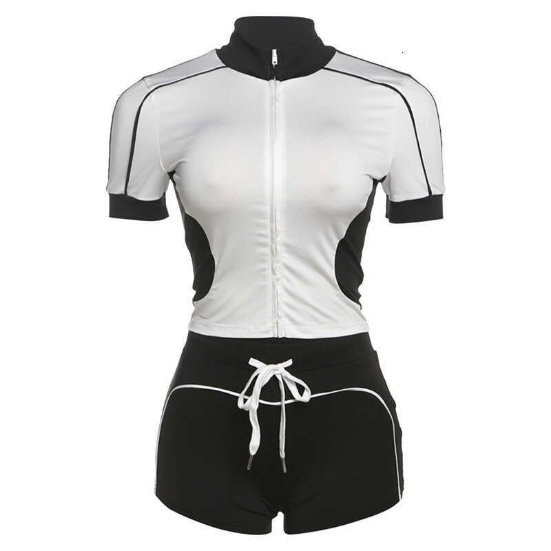 Women's Wear Wind Summer New Fashionable Street Stand Up Collar Zipper Splicing Color Contrasting Sports Shorts Set For Women