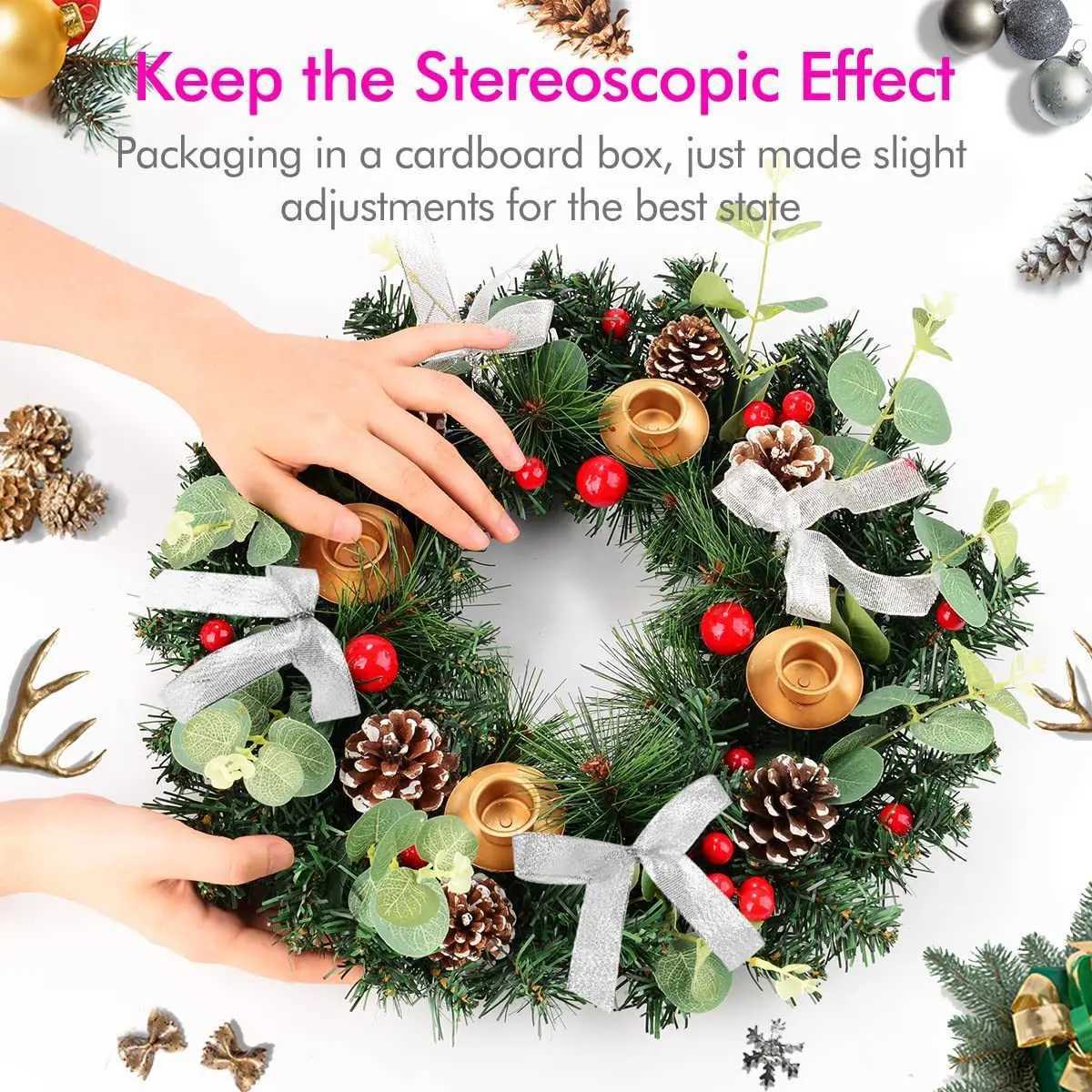 Ribbon Christmas Wreath Window Door Hanging Christmas Candle Holder Garland Candle Cup Christmas Rattan DecorationM251115