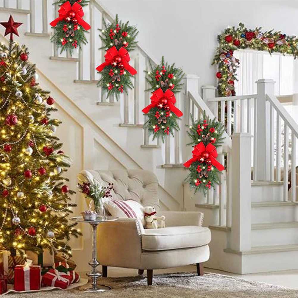 Artificial Hanging Stairs Garland with PineconesBowknot Bells Christmas Wreath Pendants Xmas Tree Ornament for Stair Door DecorM251115