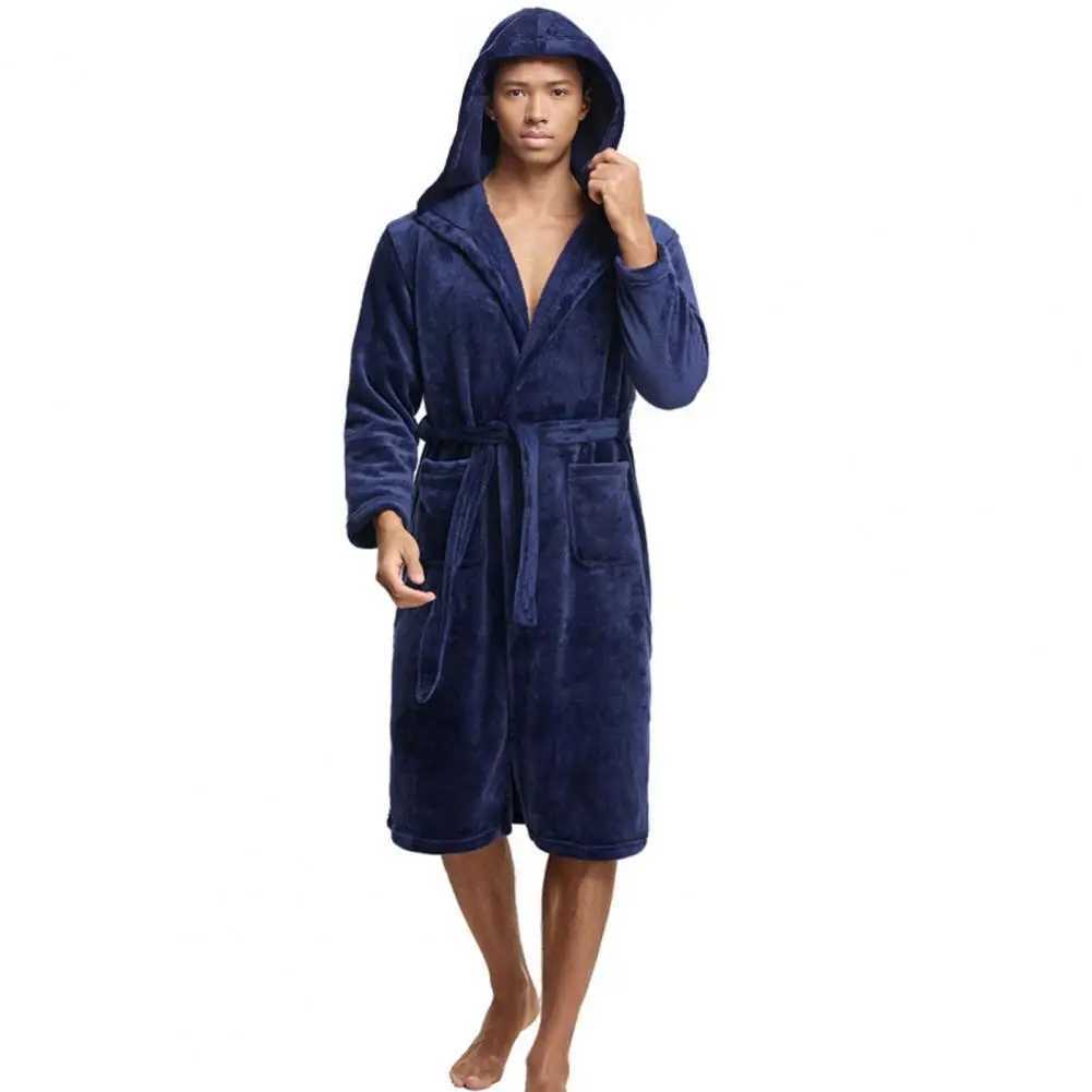 Flannel Robe with Waist Tie Mens Hooded Flannel Bathrobe with Pockets Long Sleeve Loungewear Robe for Quick-drying Comfort C251115