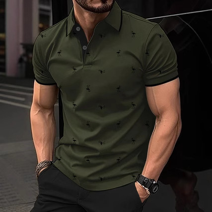 New mens lapel Polo flamingo short sleeved shirt with fashionable and personalized printed street style short sleeved top