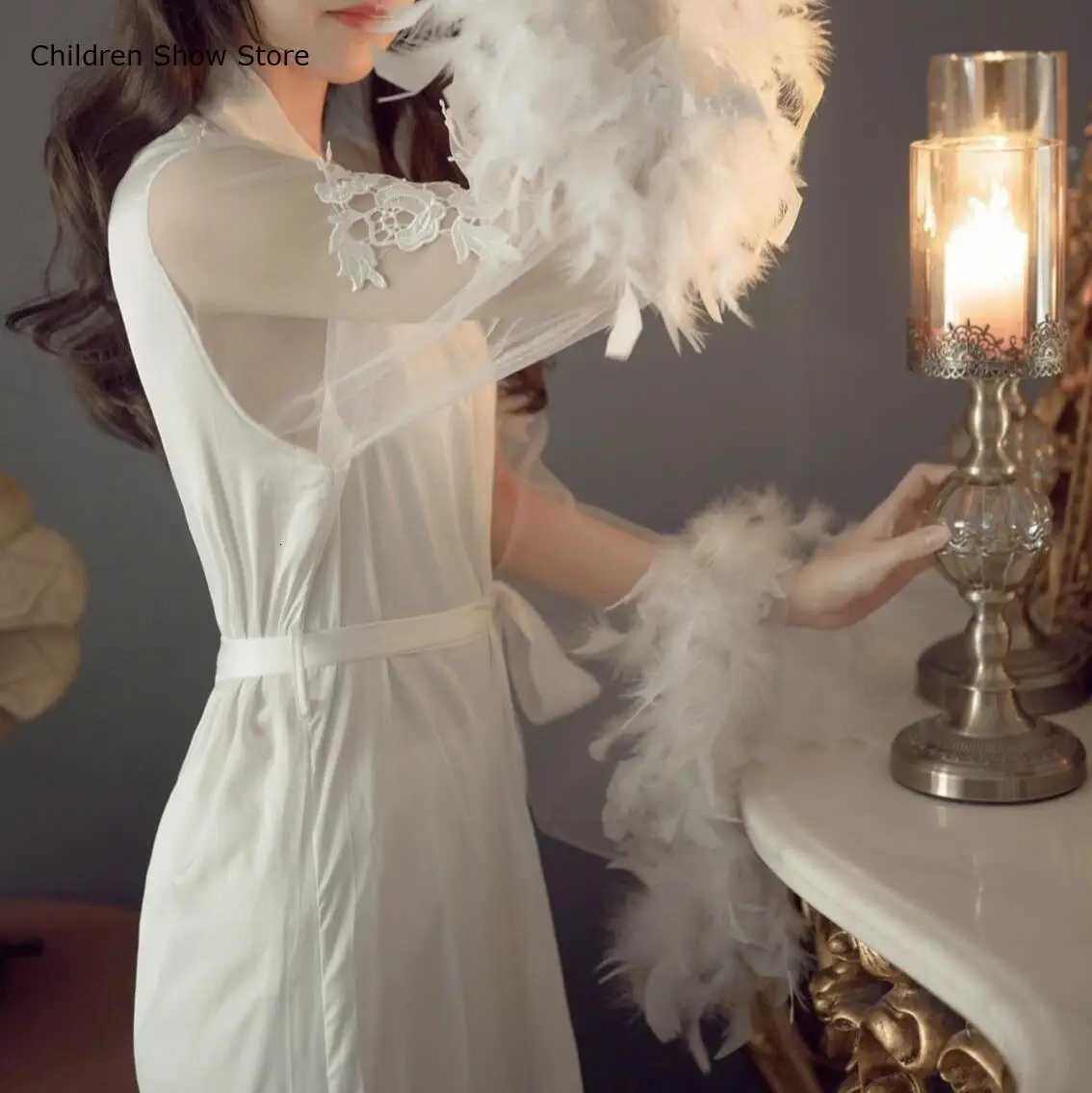 Large Mesh Feather Sleeve Kimono Women Bride Wedding Dresses Satin Robe Long Vestidos De Novia Luxury Lingerie Sleepwear C251115