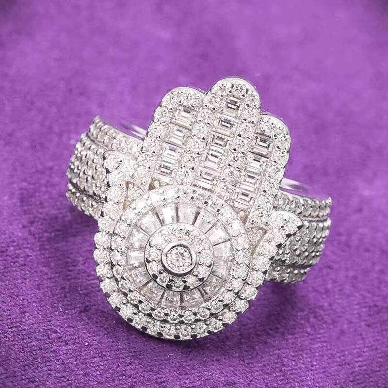 Pass Diamond Tester Hip Hop Bling D Color Moissanite Iced Out Mens Baguette Hamsa Hand Ring With 925 Sterling Silver GRA