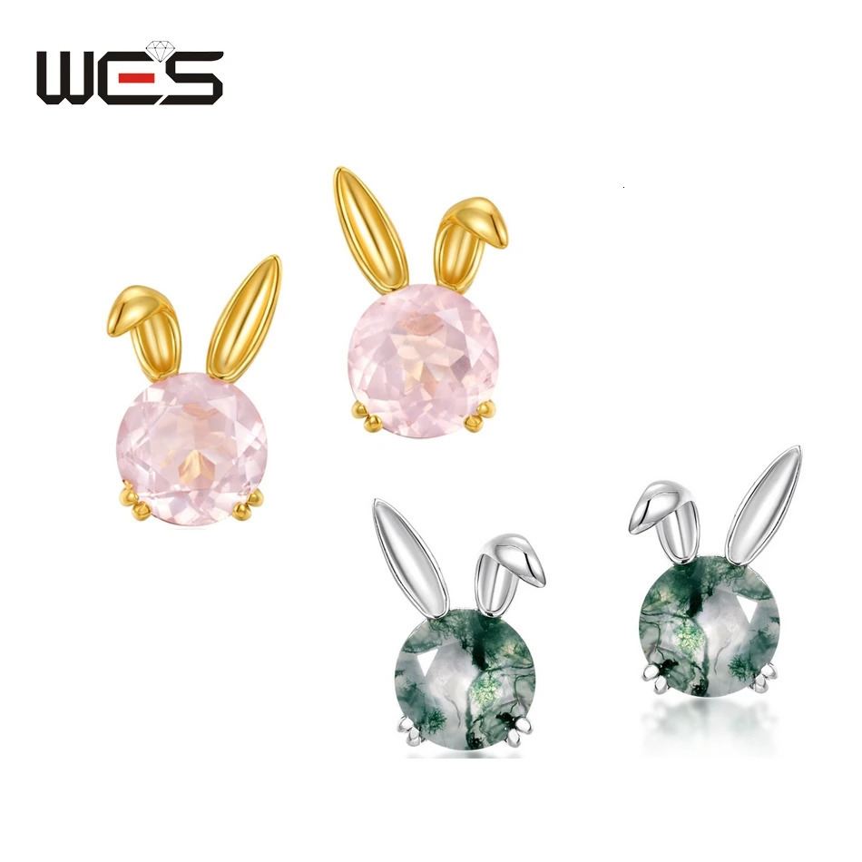 WES 925 sterling silver cute rabbit earrings suitable for women natural gemstones 6 * 6mm mousse agate rose quartz Christmas wedding gift 250409