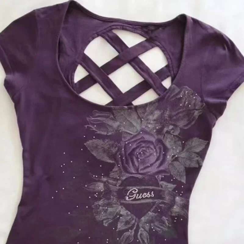 Retro Gothic new printed purple back hollow women T-shirt Y2k fit and slim summer fashion design short top