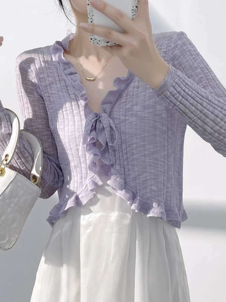 Lace border button long sleeved crop top womens short open front rib knitted cardigan summer Fairycore dress 250407