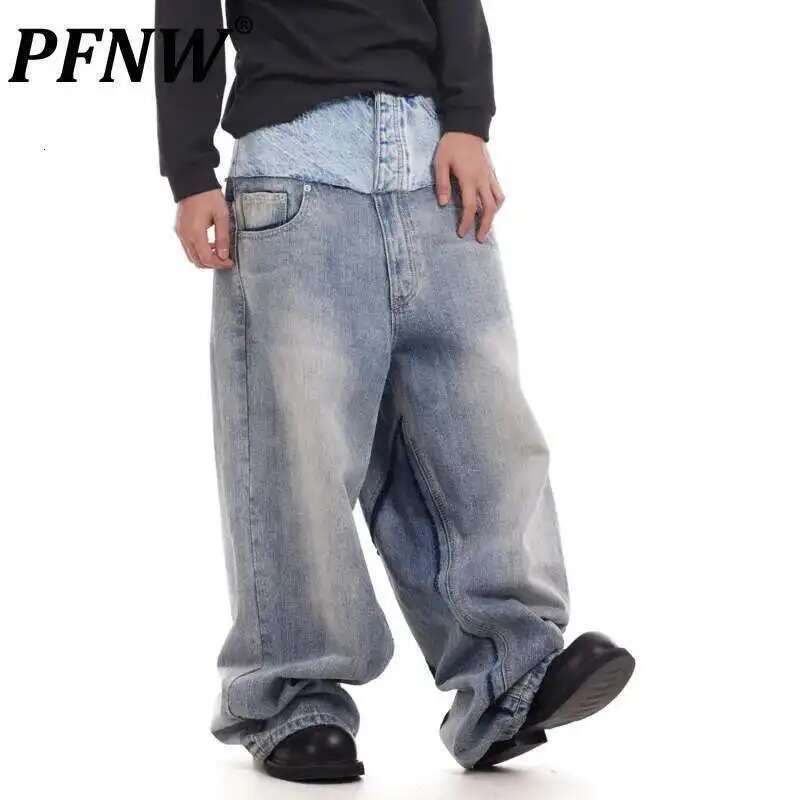 Niche Colorblock Patchwork Wide Leg Blue Jeans Men's Spring 2025 New Straight Double Waist Design Denim Trousers 28W6048