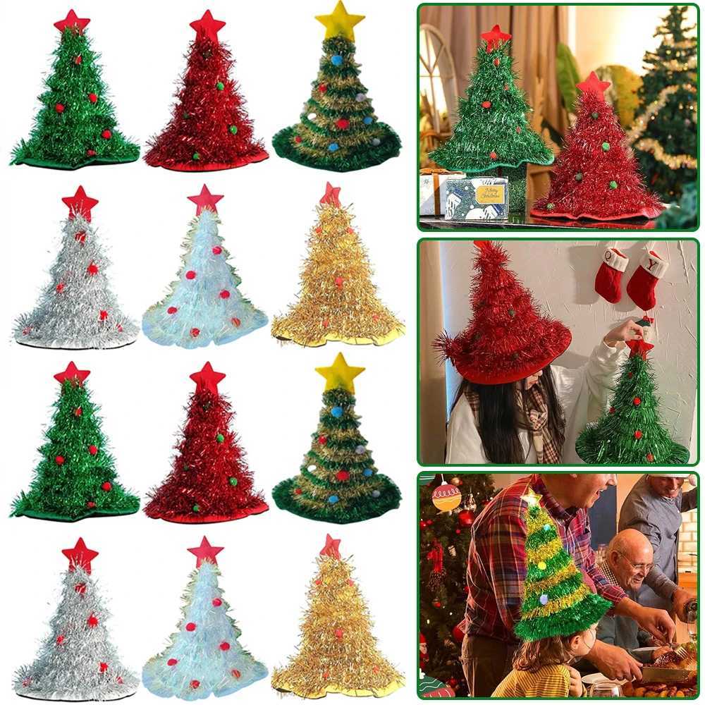 Christmas Tree Hat Glitter Tinsel Santa Claus Hats Xmas Costume Accessories for Kids Adults 2025 Navidad Party Decor Supplies Y251115