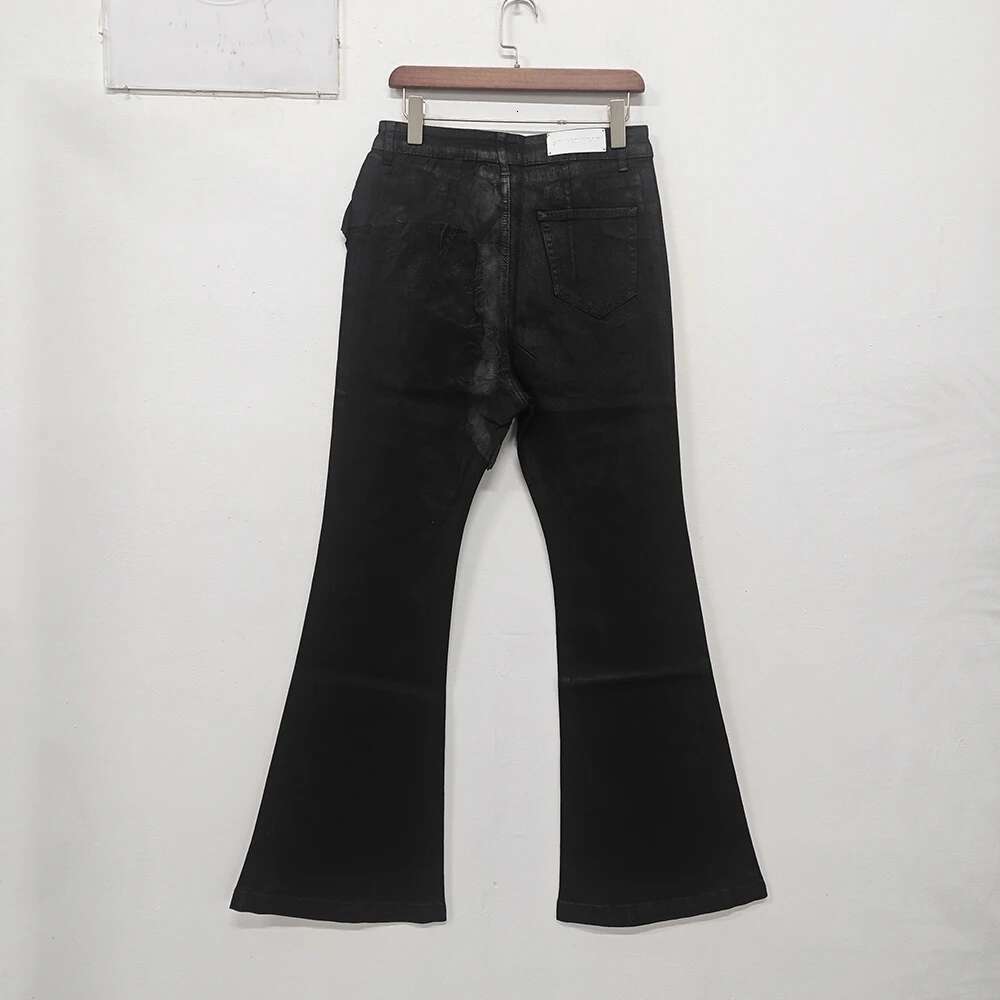 High Street Coated Brushed Flare Drag Black Jeans Men's Tide Loose Micro Stretch Waxed Trousers Niche Design 28W5688