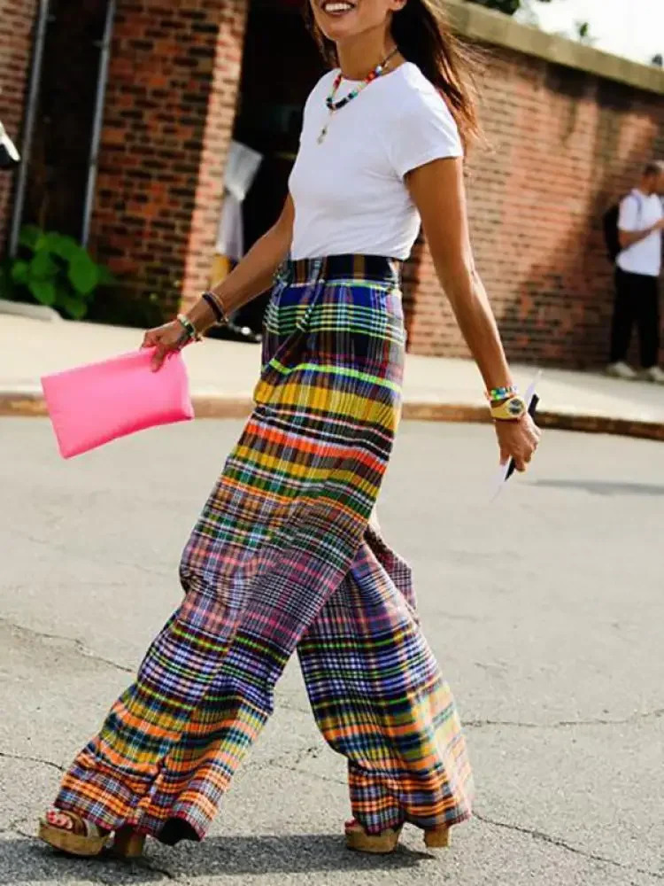 Missuoo 2024 Female Vintage Multi-colored Plaid Pants Spring and Summer Loose Casual Floor-length Wide Leg Pants for Women250414